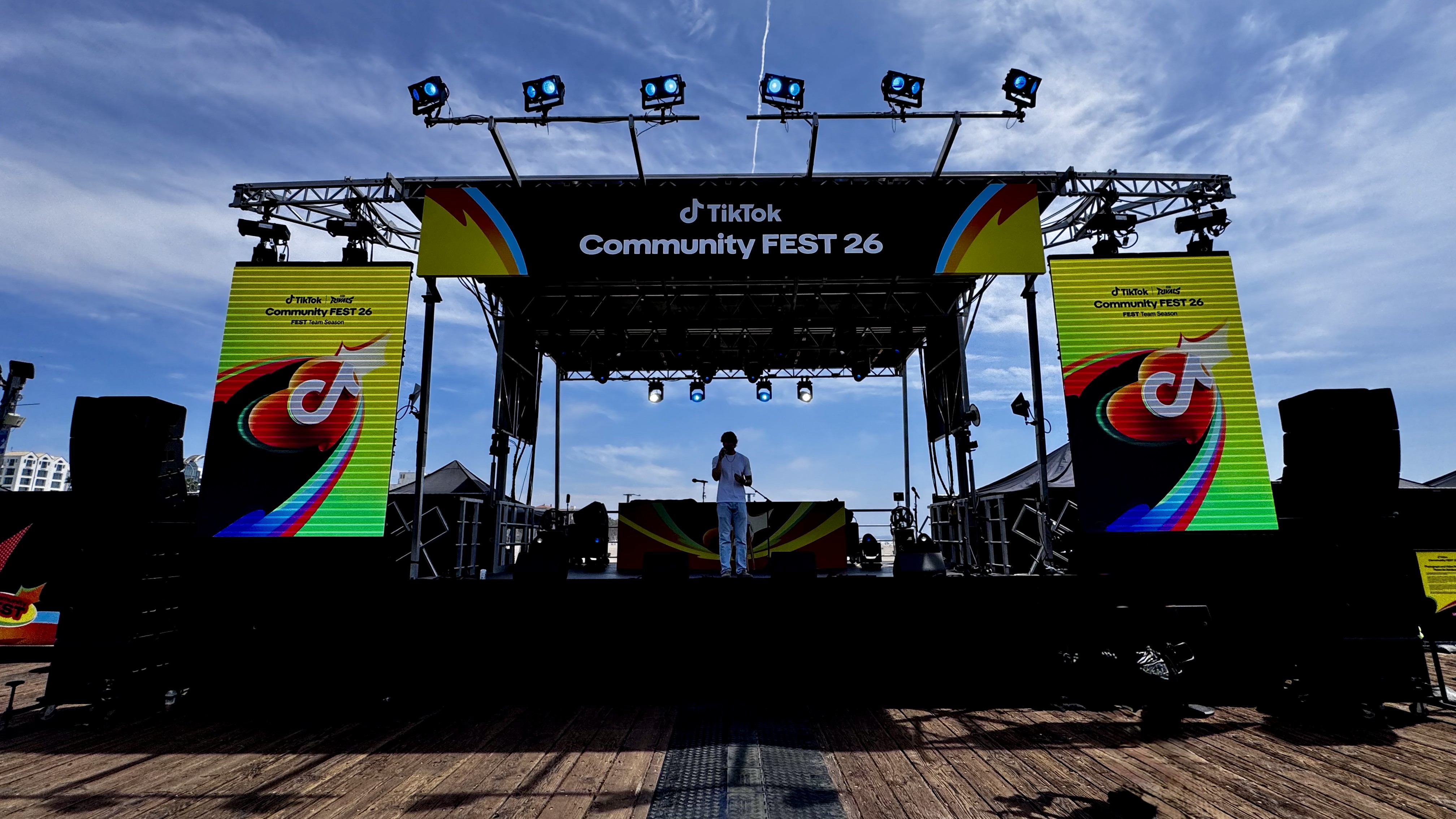 The TikTok Community Fest 26 stage in Santa Monica, with festival screens on either side